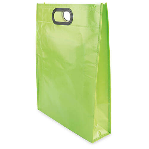 green color laminated non woven bag with d cut handles