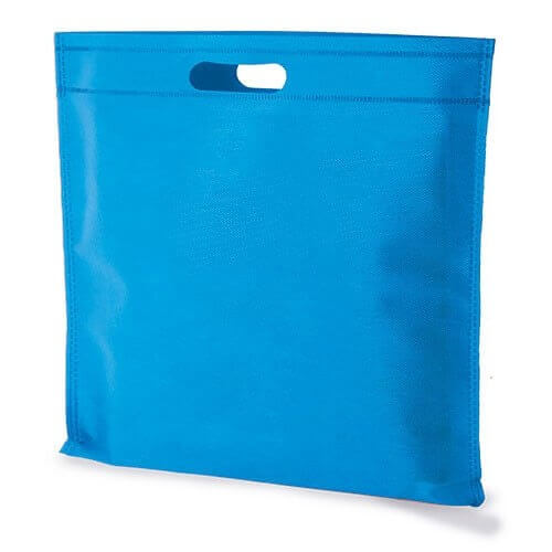 light blue clor non woven bag with d cut handles